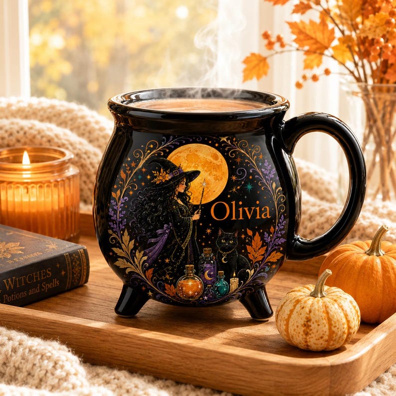 Personalized Witch Cauldron Mug, Custom Witch Halloween Ceramic Coffee Cup, Black Cat Potion Witchy Gift