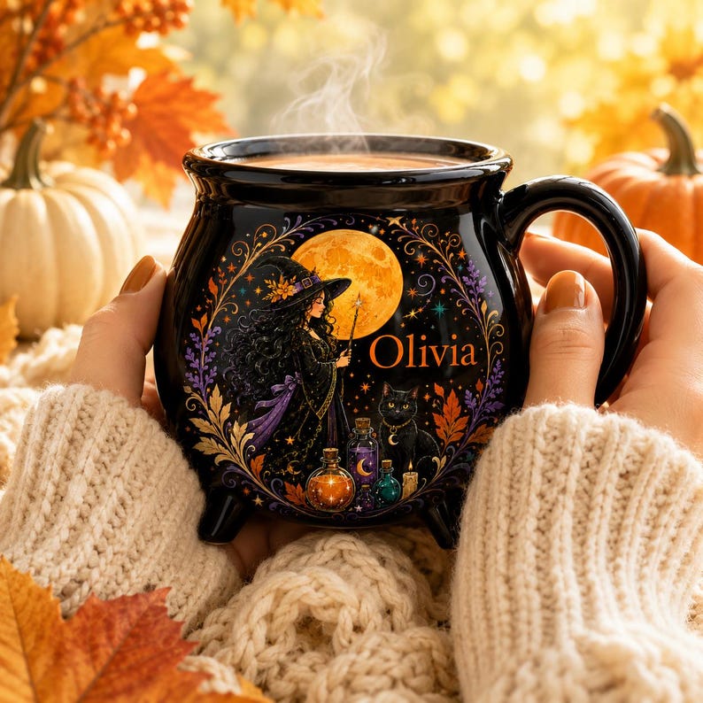 Personalized Witch Cauldron Mug, Custom Witch Halloween Ceramic Coffee Cup, Black Cat Potion Witchy Gift