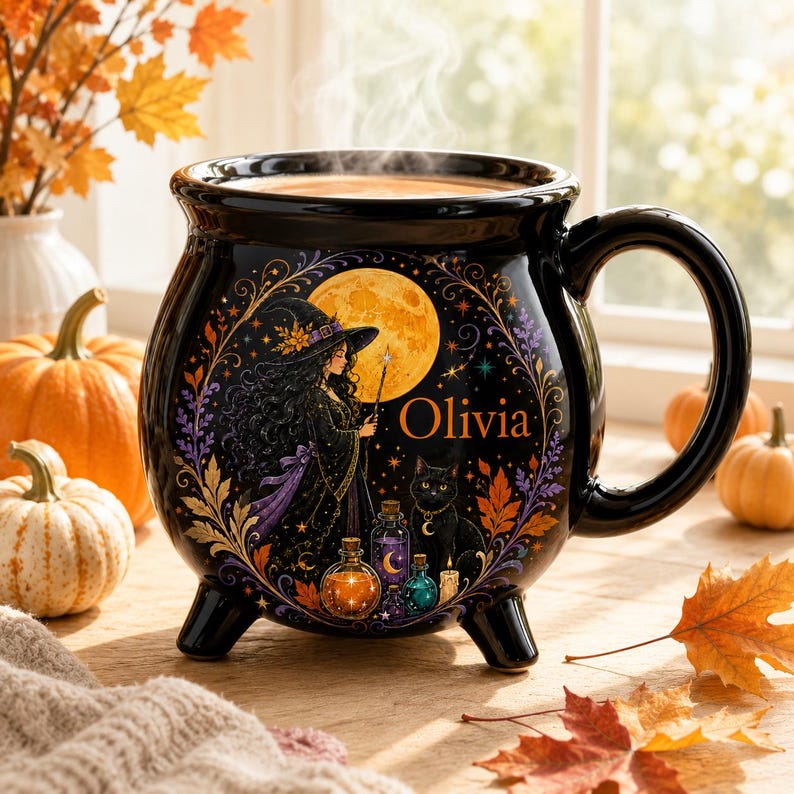 Personalized Witch Cauldron Mug, Custom Witch Halloween Ceramic Coffee Cup, Black Cat Potion Witchy Gift