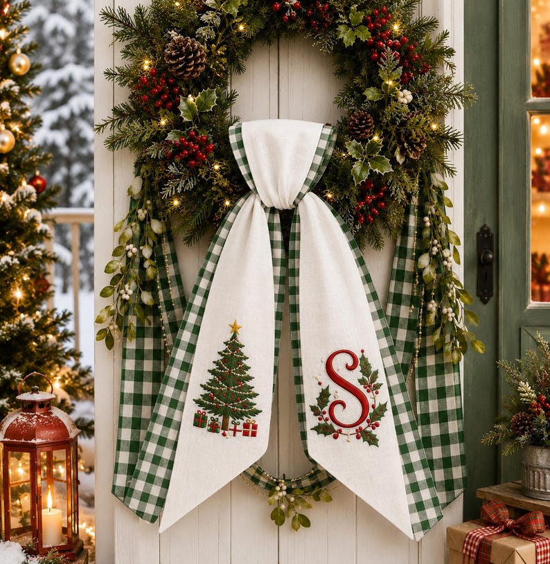 Personalized Christmas Wreath Sash, Embroidered Monogram Door Bow, Linen Holiday Wreath Bow, Farmhouse Christmas Decor