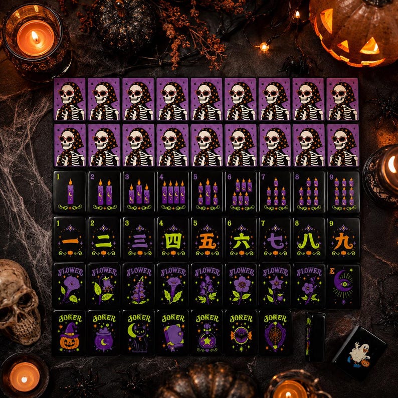 Glam Skeleton Halloween Mahjong Tiles, 160-Piece American Mahjong Set, Black Acrylic Tiles, Spooky Floral Game Night Gift