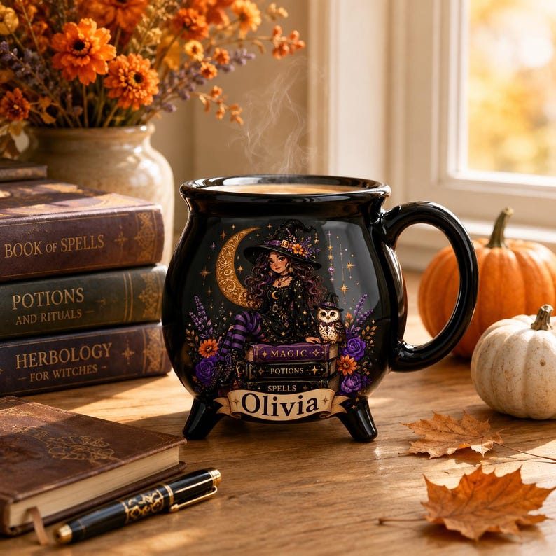 Personalized Halloween Cauldron Mug, Custom Witchy Coffee Cup, Spooky Witch Ceramic Drinkware, Autumn Witchy Gift