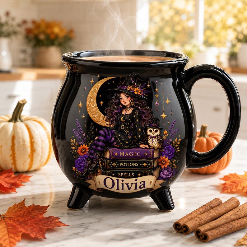Personalized Halloween Cauldron Mug, Custom Witchy Coffee Cup, Spooky Witch Ceramic Drinkware, Autumn Witchy Gift