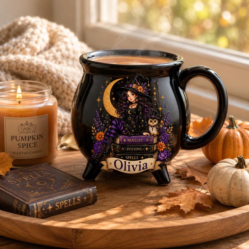 Personalized Halloween Cauldron Mug, Custom Witchy Coffee Cup, Spooky Witch Ceramic Drinkware, Autumn Witchy Gift