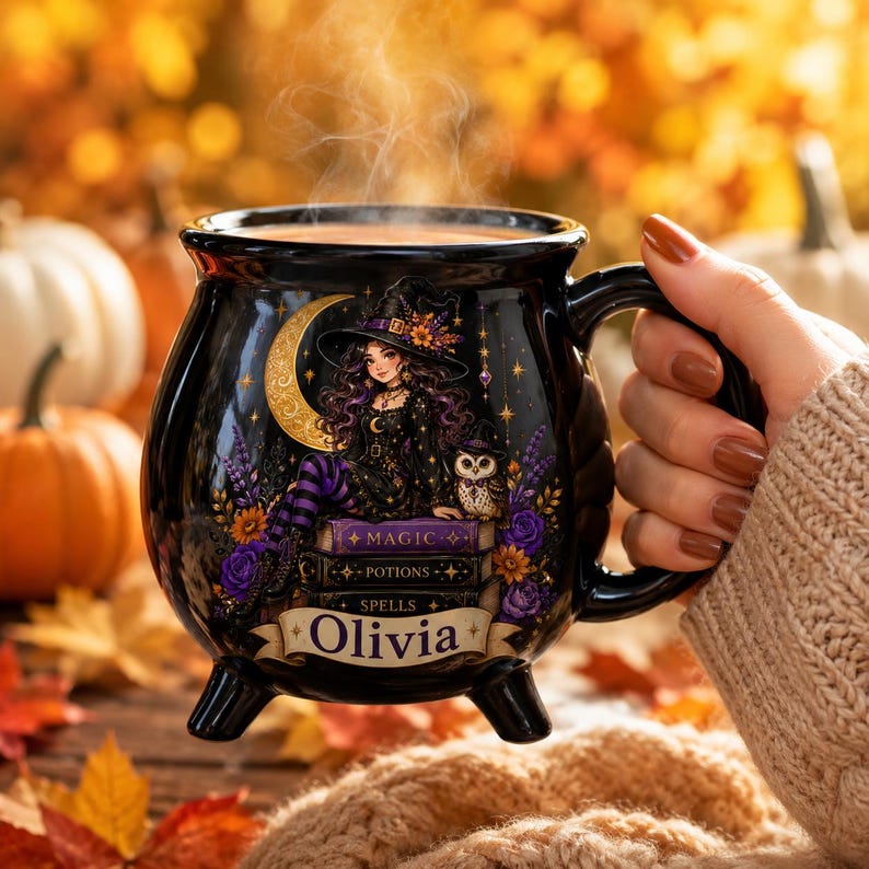 Personalized Halloween Cauldron Mug, Custom Witchy Coffee Cup, Spooky Witch Ceramic Drinkware, Autumn Witchy Gift
