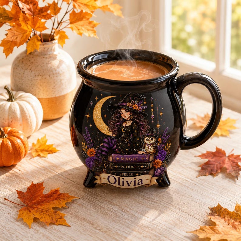 Personalized Halloween Cauldron Mug, Custom Witchy Coffee Cup, Spooky Witch Ceramic Drinkware, Autumn Witchy Gift