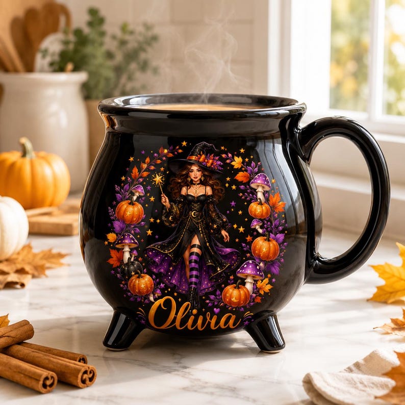 Personalized Witch Cauldron Mug, Custom Halloween Witchy Cup, Gothic Fall Drinkware, Halloween Gifts