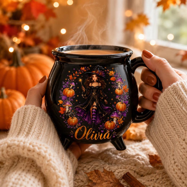 Personalized Witch Cauldron Mug, Custom Halloween Witchy Cup, Gothic Fall Drinkware, Halloween Gifts