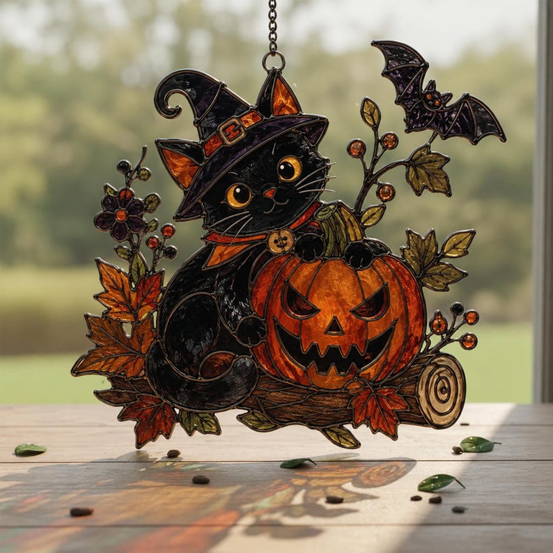 Black Cat Acrylic Suncatcher, Halloween Window Hanging, Pumpkin Cat Decor, Witchy Fall Gift For Her
