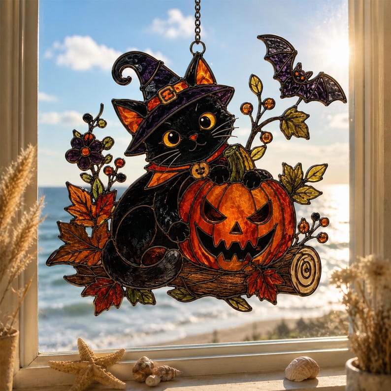Black Cat Acrylic Suncatcher, Halloween Window Hanging, Pumpkin Cat Decor, Witchy Fall Gift For Her