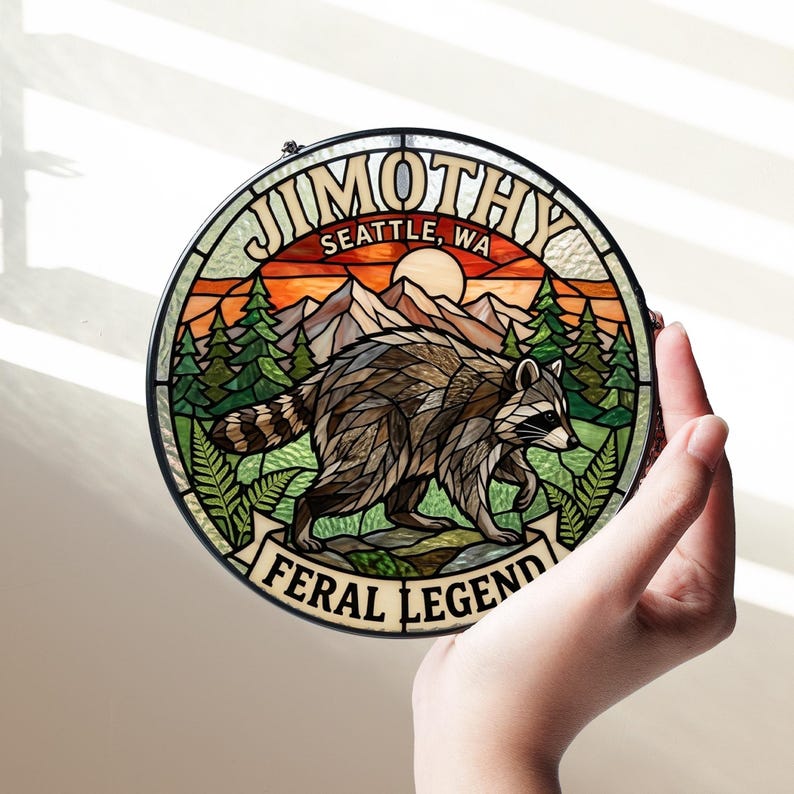 Jimothy Raccoon Feral Legend Stained Glass Suncatcher, Viral Seattle Meme Decor, Cute Raccoon Ornament