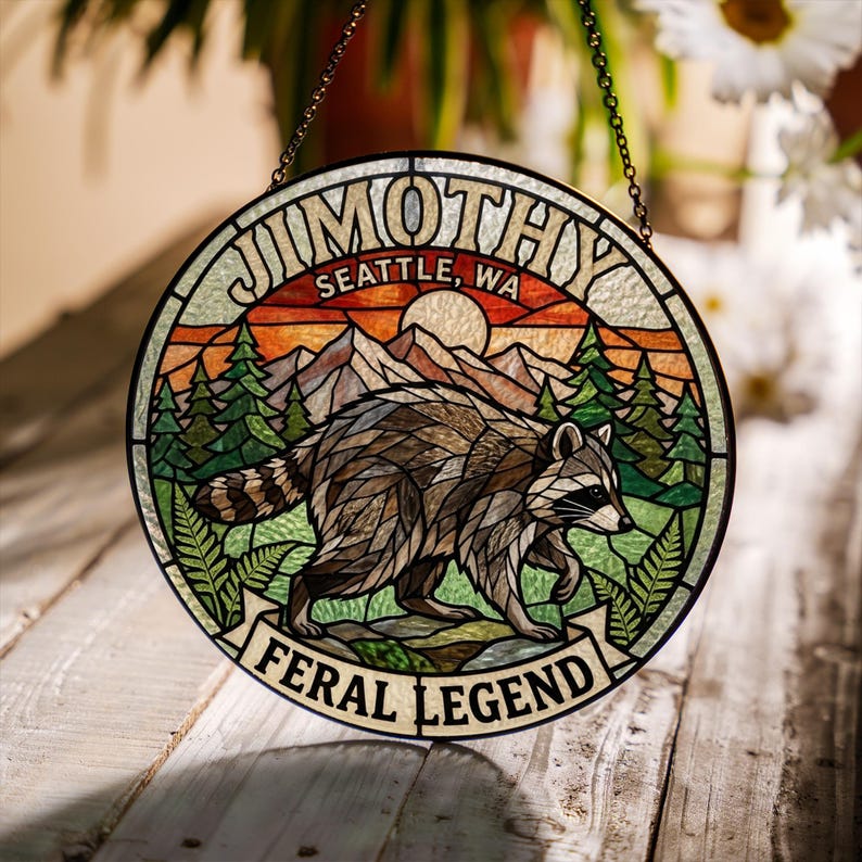 Jimothy Raccoon Feral Legend Stained Glass Suncatcher, Viral Seattle Meme Decor, Cute Raccoon Ornament