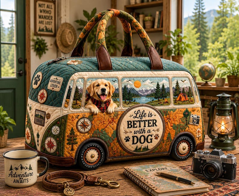 Adventure Awaits Camper Van Duffle Bag, Quilted World Map Travel Weekender, Outdoor Camping Gift