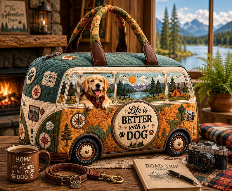 Adventure Awaits Camper Van Duffle Bag, Quilted World Map Travel Weekender, Outdoor Camping Gift
