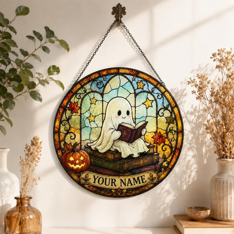 Personalized Halloween Ghost Suncatcher, Custom Name Book Lover Stained Glass Window Hanging