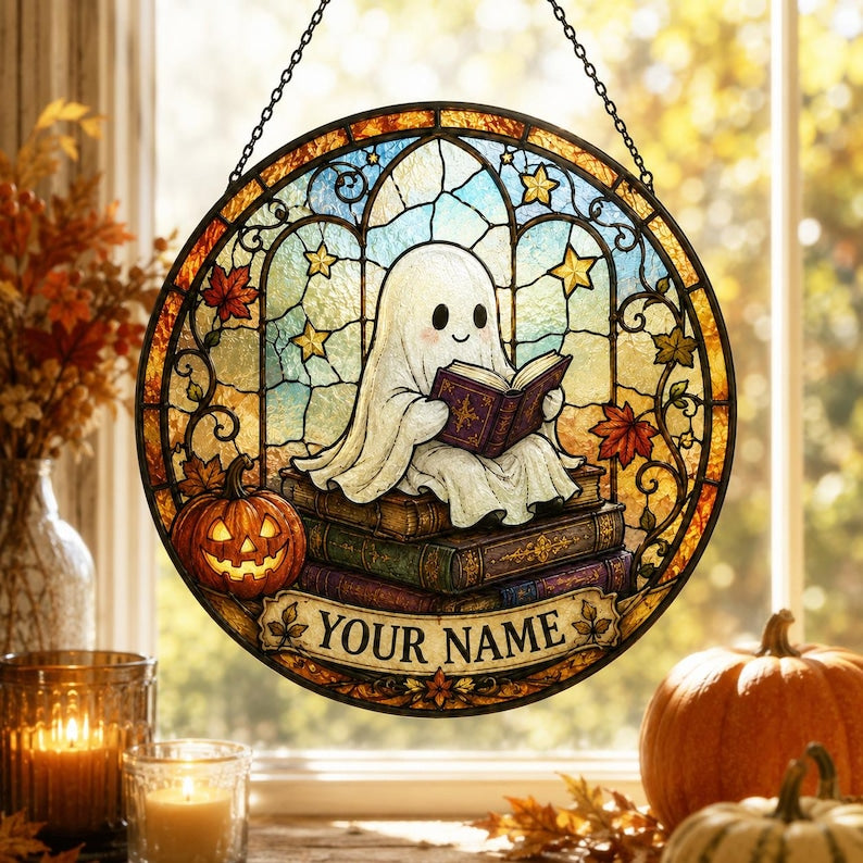 Personalized Halloween Ghost Suncatcher, Custom Name Book Lover Stained Glass Window Hanging
