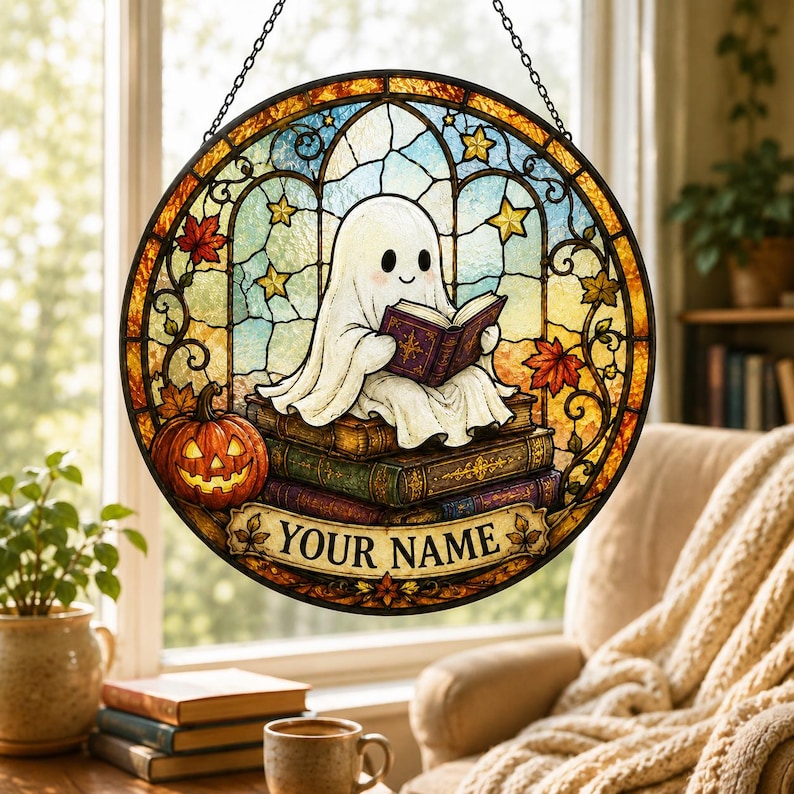 Personalized Halloween Ghost Suncatcher, Custom Name Book Lover Stained Glass Window Hanging