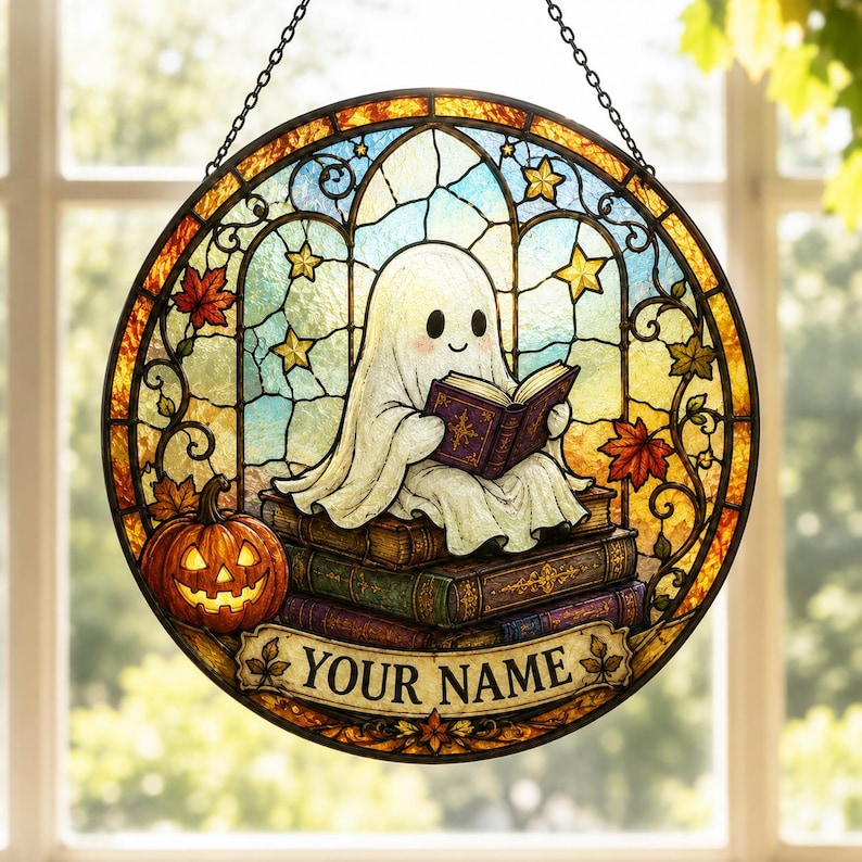 Personalized Halloween Ghost Suncatcher, Custom Name Book Lover Stained Glass Window Hanging