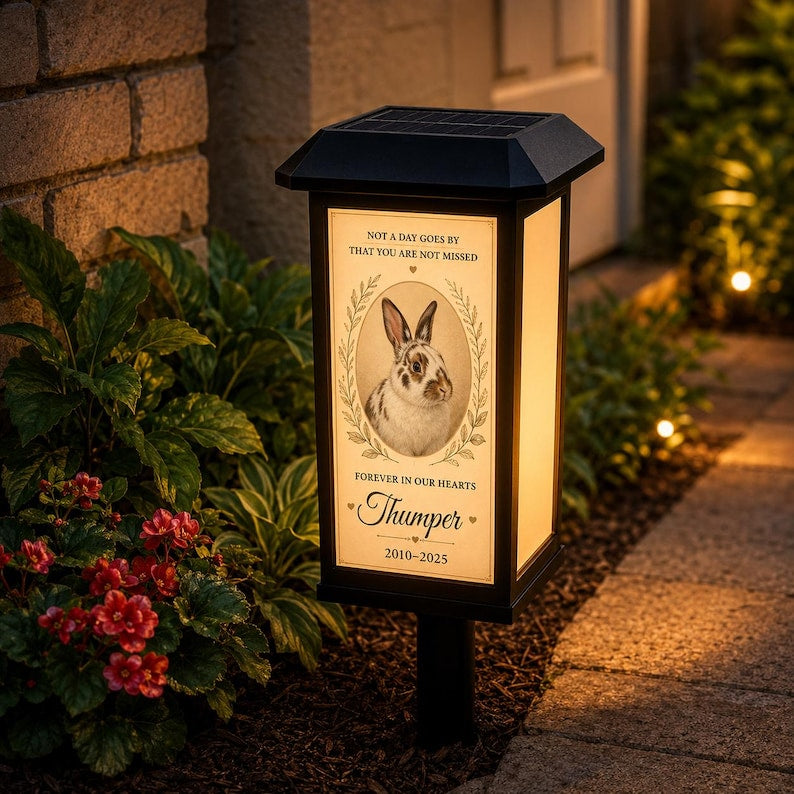 Personalized Rabbit Memorial Solar Garden Light, Custom Bunny Photo Loss Sympathy Gift, Pet Remembrance Outdoor Lantern