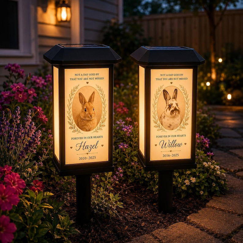 Personalized Rabbit Memorial Solar Garden Light, Custom Bunny Photo Loss Sympathy Gift, Pet Remembrance Outdoor Lantern