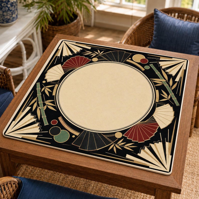 Art Deco Mahjong Mat, Black Gold Shanghai Mahjong Table Mat, Game Mat