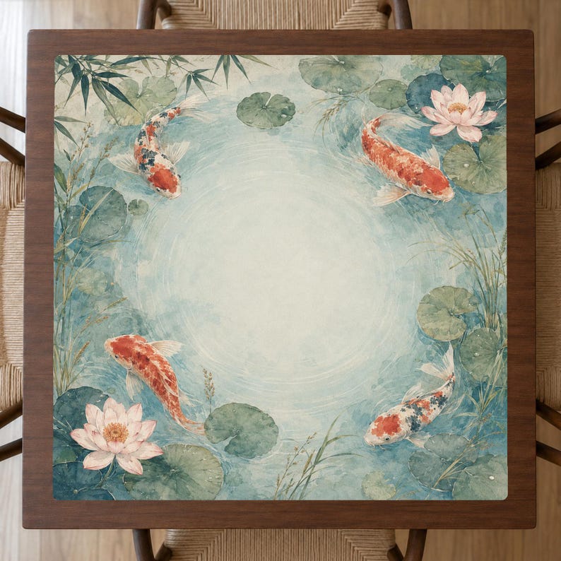 Koi Water Lily Mahjong Mat, Japanese Pond Mahjong Table Mat