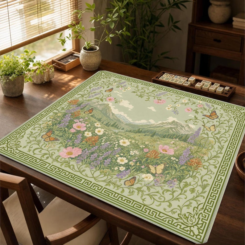 Sage Green Mahjong Mat with Western Mountain Scene