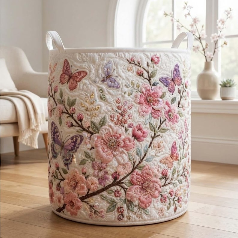Cherry Blossom Quilted Laundry Basket, Spring Floral Storage Bin, Large Foldable Hamper