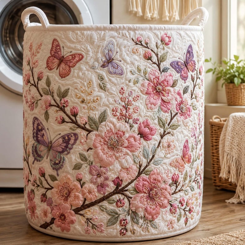 Cherry Blossom Quilted Laundry Basket, Spring Floral Storage Bin, Large Foldable Hamper