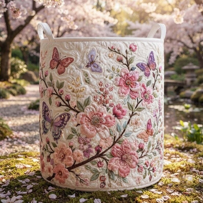 Cherry Blossom Quilted Laundry Basket, Spring Floral Storage Bin, Large Foldable Hamper