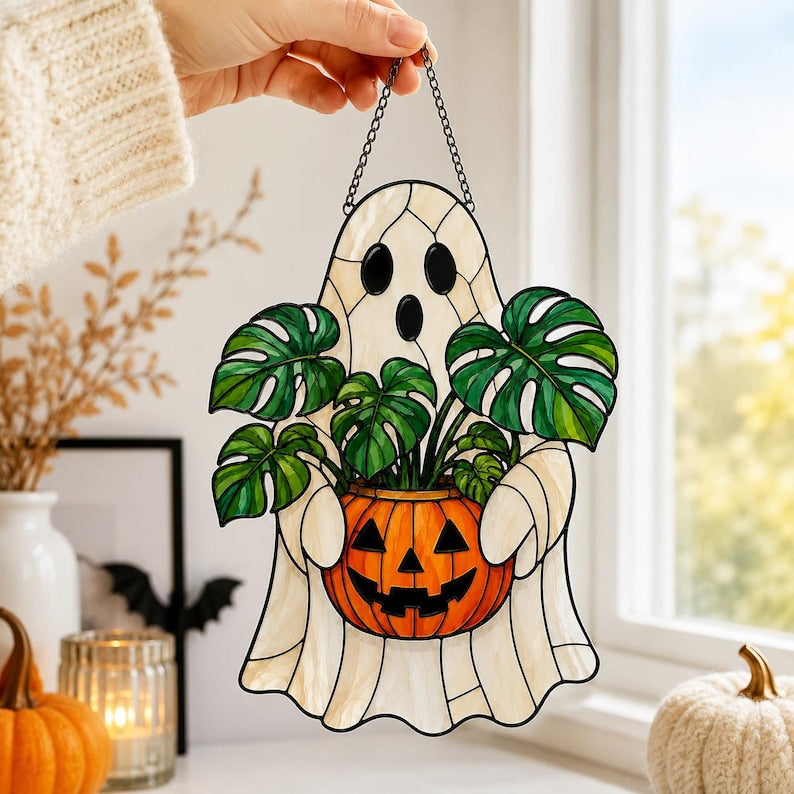 Ghost Plant Acrylic Suncatcher, Halloween Monstera Pumpkin Window Hanging, Fall Plant Lover Gift