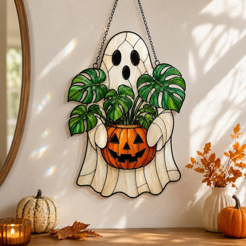 Ghost Plant Acrylic Suncatcher, Halloween Monstera Pumpkin Window Hanging, Fall Plant Lover Gift