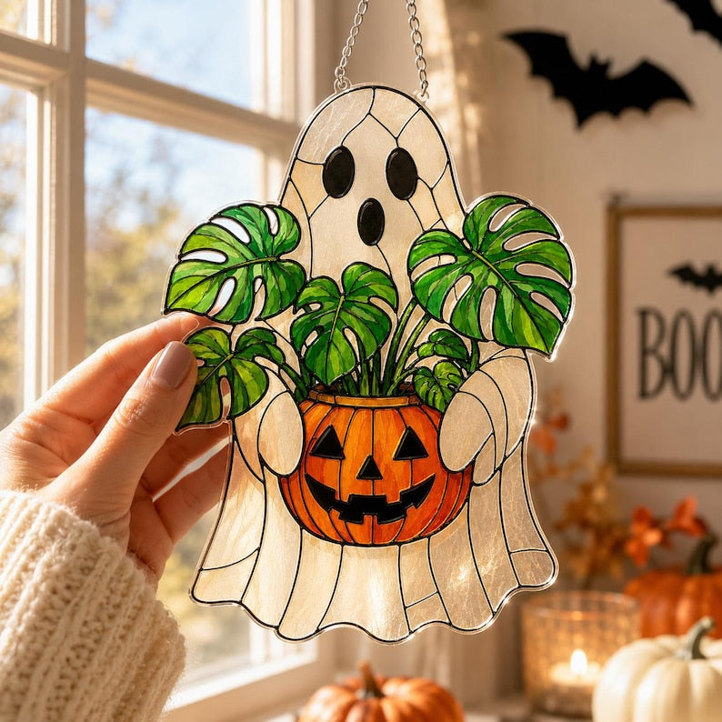 Ghost Plant Acrylic Suncatcher, Halloween Monstera Pumpkin Window Hanging, Fall Plant Lover Gift