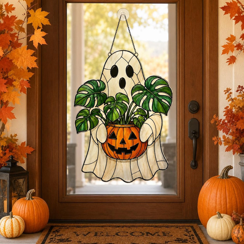 Ghost Plant Acrylic Suncatcher, Halloween Monstera Pumpkin Window Hanging, Fall Plant Lover Gift
