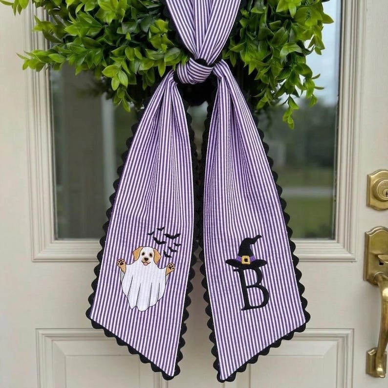 Personalized Halloween Wreath Sash, Custom Embroidered Golden Retriever Ghost Bow, Striped Front Door Decor