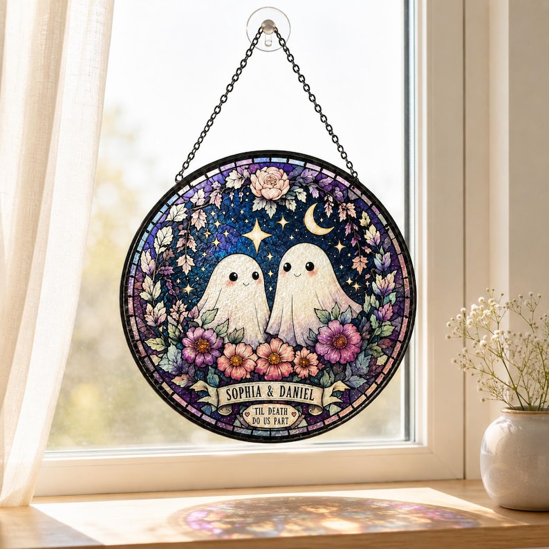 Custom Ghost Couple Stained Glass Suncatcher, Till Death Do Us Part Wedding Gift,  Gothic Anniversary Gift