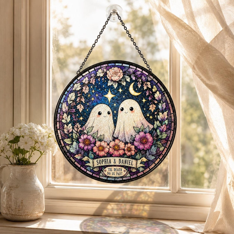 Custom Ghost Couple Stained Glass Suncatcher, Till Death Do Us Part Wedding Gift,  Gothic Anniversary Gift