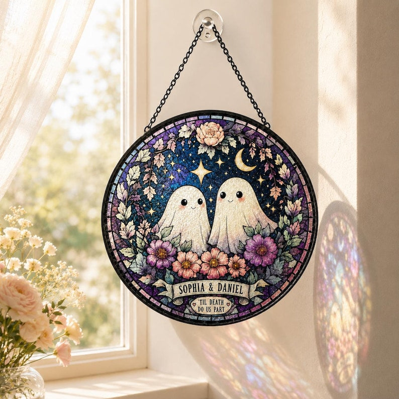 Custom Ghost Couple Stained Glass Suncatcher, Till Death Do Us Part Wedding Gift,  Gothic Anniversary Gift