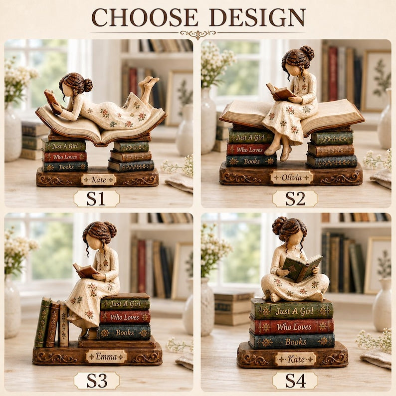 Custom Book Lover Wooden Block, Reading Girl Figurine, Bookworm Gift for Her, Reader Shelf Decor, Librarian Gift