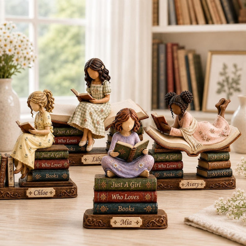 Custom Book Lover Wooden Block, Reading Girl Figurine, Bookworm Gift for Her, Reader Shelf Decor, Librarian Gift