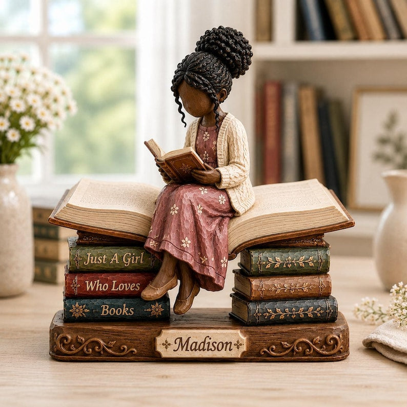 Custom Book Lover Wooden Block, Reading Girl Figurine, Bookworm Gift for Her, Reader Shelf Decor, Librarian Gift