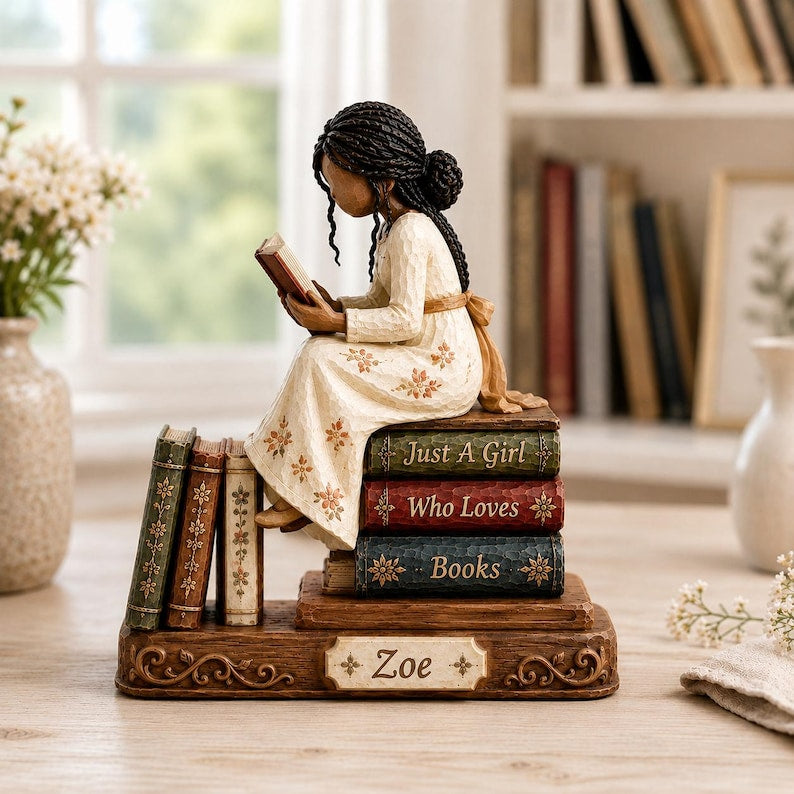 Custom Book Lover Wooden Block, Reading Girl Figurine, Bookworm Gift for Her, Reader Shelf Decor, Librarian Gift