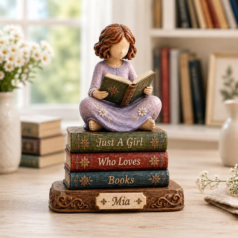 Custom Book Lover Wooden Block, Reading Girl Figurine, Bookworm Gift for Her, Reader Shelf Decor, Librarian Gift