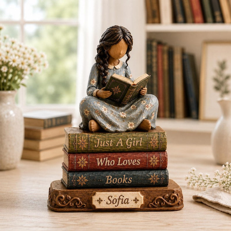 Custom Book Lover Wooden Block, Reading Girl Figurine, Bookworm Gift for Her, Reader Shelf Decor, Librarian Gift