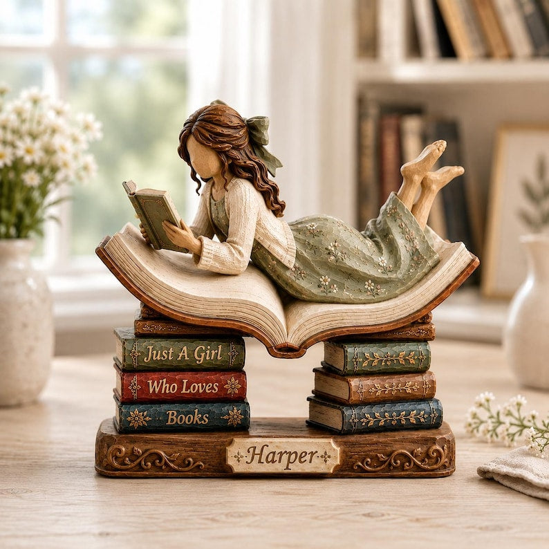 Custom Book Lover Wooden Block, Reading Girl Figurine, Bookworm Gift for Her, Reader Shelf Decor, Librarian Gift
