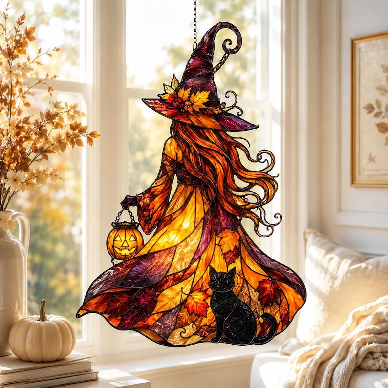 Autumn Witch Acrylic Suncatcher, Stained Glass Style Halloween Window Decor, Halloween Suncatcher