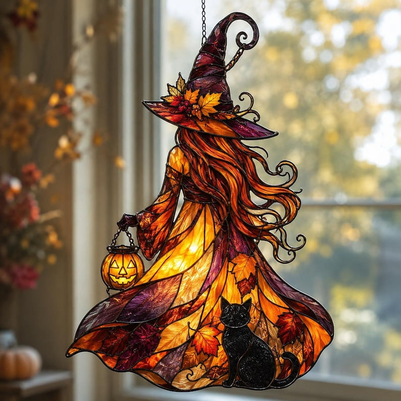 Autumn Witch Acrylic Suncatcher, Stained Glass Style Halloween Window Decor, Halloween Suncatcher