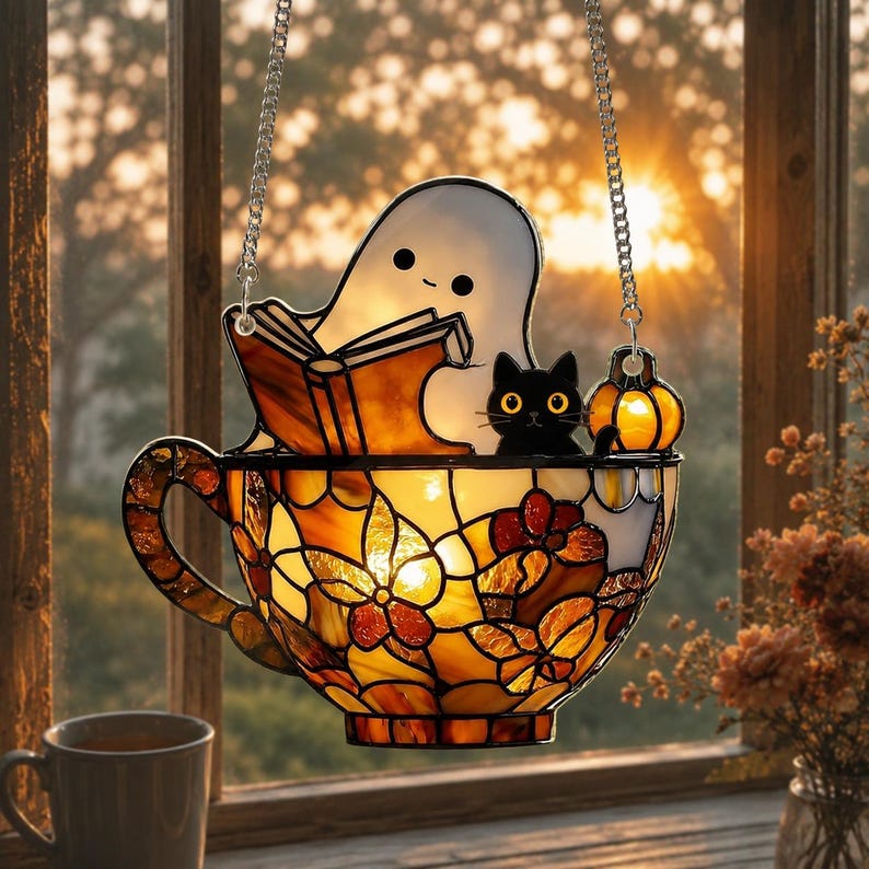 Monstera Ghost Acrylic Suncatcher, Spooky Plant Lover Window Hanging, Halloween Ghost Suncatcher