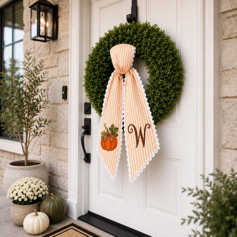 Personalized Fall Wreath Sash, Monogram Pumpkin Bow, Orange Stripe Thanksgiving Wreath Decor, Autumn Front Door Accent