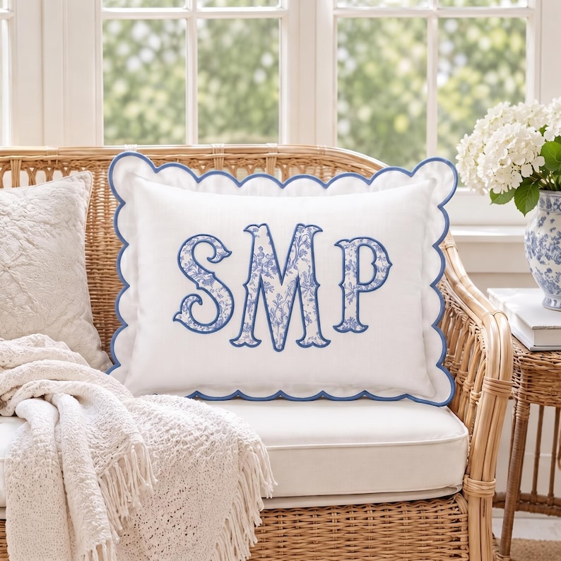 Personalized Monogram Pillow Cover, Custom Embroidered Initial Pillow, Scalloped Trim Pillowcase, Baby Room Decor